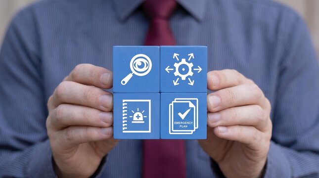 Business person holding blocks with icons sees the inscription: EMERGENCY PLAN. Concept of Emergency Response Preparedness Plan ,evacuation, plan, response, training,