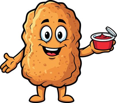 Cartoon fried chicken nugget holding dipping sauce, smiling and gesturing