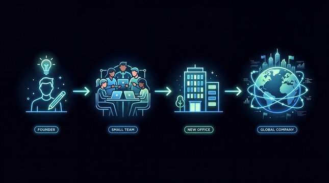 Business growth stages from founder to global company with team and office