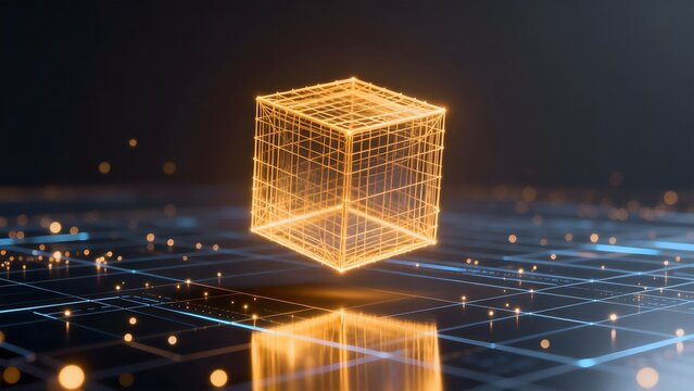 Golden wireframe cube on reflective surface