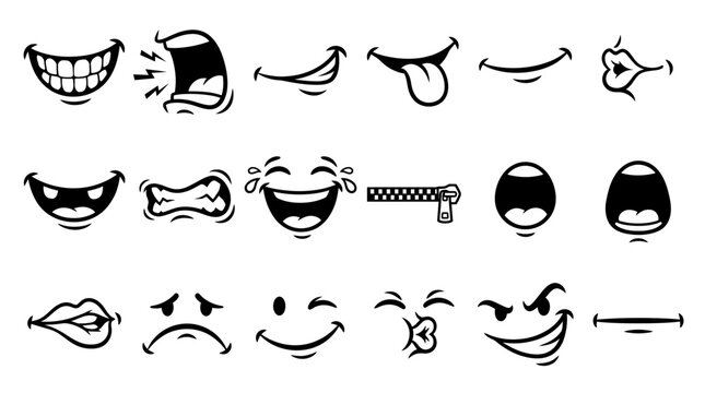 Various cartoon mouth expressions and lip shapes on white background including smiles screams and laughs, Represents character design elements symbolizing emotional facial features for animation