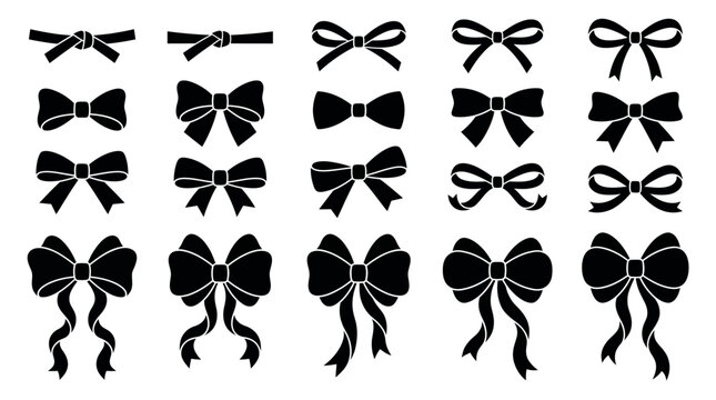 Various black ribbon bow silhouettes and martial arts belt knots isolated on white background, representing creative gift packaging and symbolizing professional martial arts rank achievement