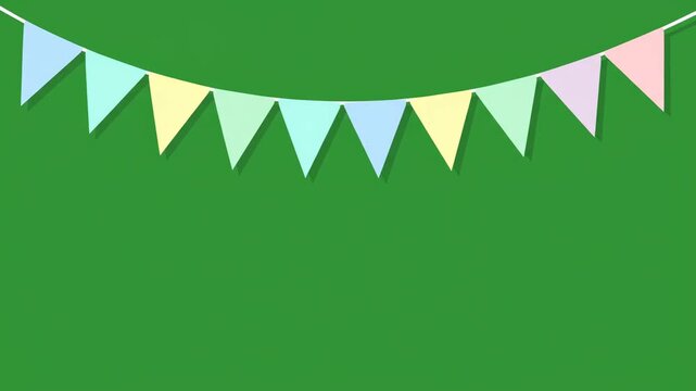 Pastel colored triangular flags hanging on a string against a vibrant green screen background, perfect for celebrations.