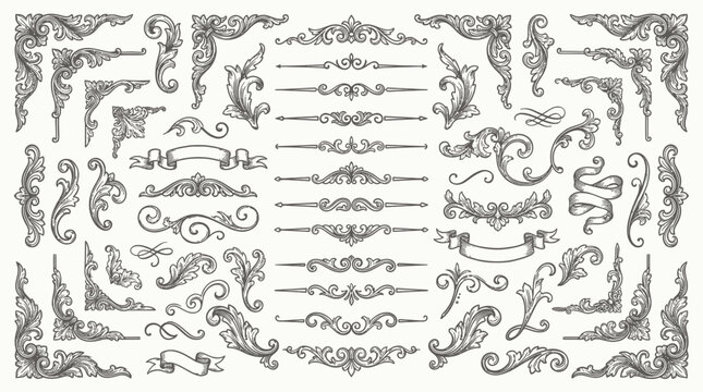 Large collection of vintage hand drawn ornate decorative design elements featuring borders, corners, ribbons and floral scrolls, illustrating luxury aesthetic and artistic craftsmanship