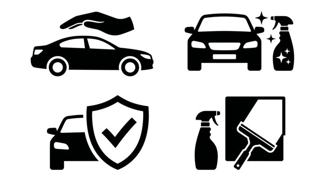 Set of black car care icons featuring vehicle insurance shield, washing spray bottle and cleaning squeegee, representing professional automotive detailing and provides maintenance services