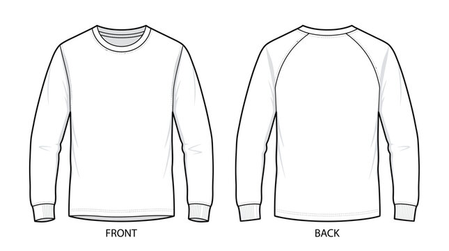 White long sleeve raglan t-shirt technical sketch mockup with front and back views on white background, illustrating apparel design development and provides blank canvas for fashion branding