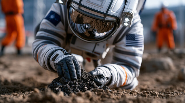 Space tourism candidate in a mock lunar landscape training site crouches to collect simulated regolith sample, visor reflecting barren terrain, instructors in orange suits nearby, ideal for space tr