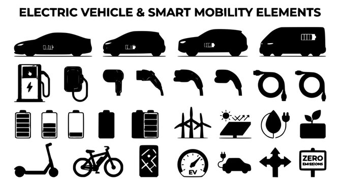 Electric Vehicle Elements Vector Set with Charging Icons and Eco Mobility Design