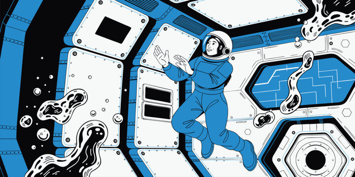Stylized comic illustration of a smiling astronaut floating in zero gravity within a futuristic spaceship interior