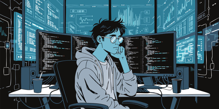 Digital illustration of a thoughtful young programmer in a high tech blue workspace with multiple monitors