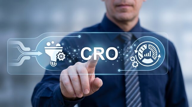 Concept of CRO Conversion Rate Optimization. Business person using virtual touch screen presses the abbreviation CRO. conversion, rate, optimization, finance, concept