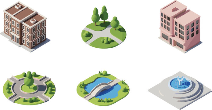 isometric city infrastructure vector icon set featuring buildings park tiles roundabout pond bridge and water fountain elements