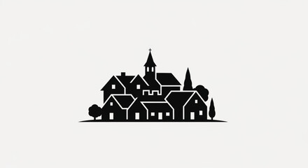 Obraz premium Dense Black Village Cluster Silhouette with Church Steeple and Trees Vector