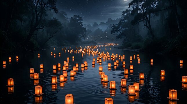 Glowing Lanterns Floating on a Forest River at Night