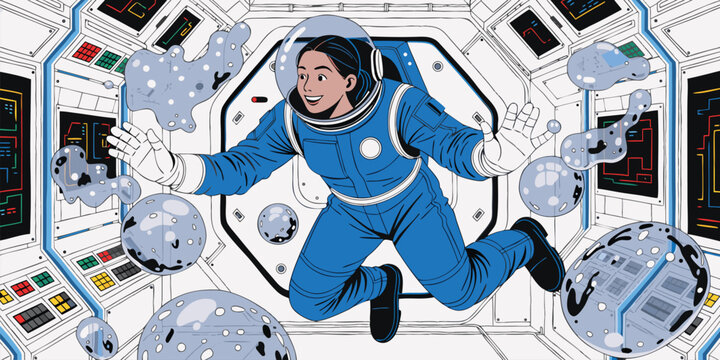 Smiling female astronaut in blue spacesuit floating in zero gravity inside spaceship with water droplets