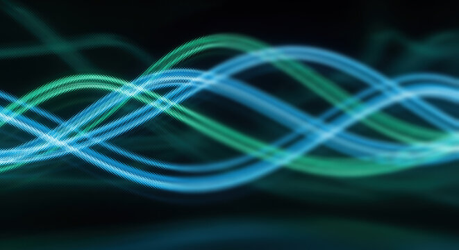 Glowing electromagnetic wave patterns with neon blue and emerald green light streaks waves