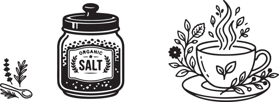 Black and white illustration of organic salt jar and steaming tea cup