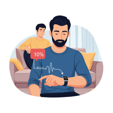 Vector illustration of a bearded man checking his blood oxygen level on a smartwatch, featuring a notification bubble showing ten percent and a pulse line graph in a living room.
