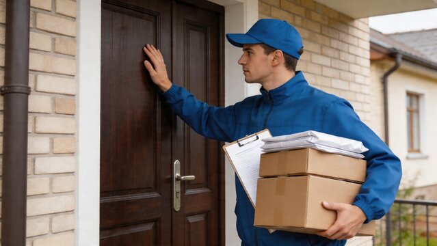 A delivery man in a blue uniform is knocking on a brown wooden door of a beige brick house, holding cardboard boxes and a clipboard in hand, representing a common scene of package delivery and