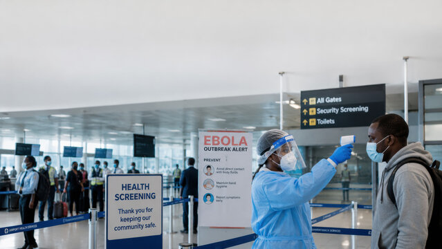 Ebola virus, global health security. public health workers conducting screening procedures at airport or checkpoint