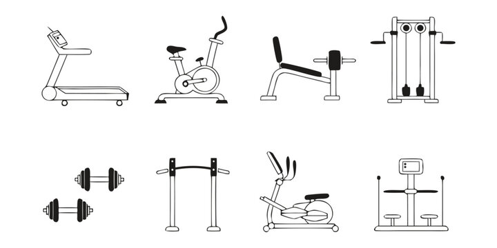 Modern Gym Equipment Icon Set Vector, Fitness Machine Line Art Collection, Minimal Workout Equipment Illustration Pack, Gym Tools Outline Vector Bundle.