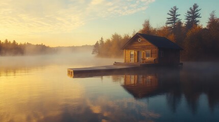 Fototapeta premium Sunrise over tranquil lake with wooden cabin and dock.