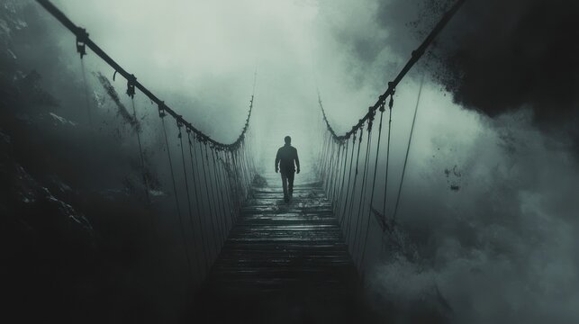Man walks a precarious rope bridge shrouded in fog.
