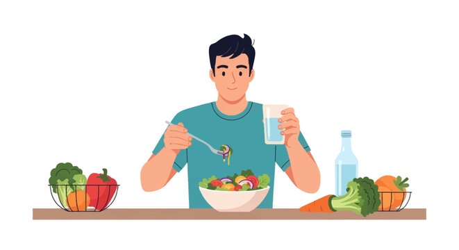 Man eating fresh vegetable salad from a white bowl while holding a glass of water, featuring organic vegetables like broccoli, bell peppers, and carrots in a flat vector style.