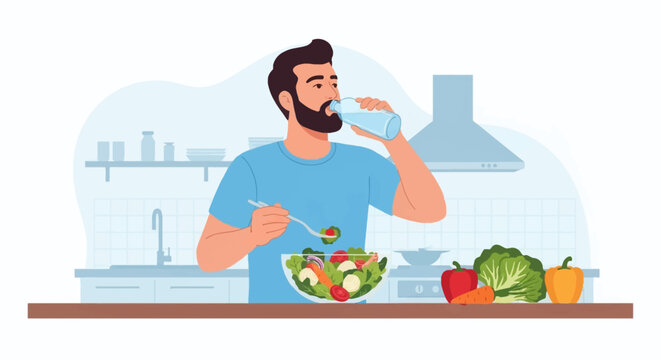 Vector illustration of a bearded man in a blue t-shirt eating a fresh vegetable salad with a fork and drinking water from a bottle in a modern kitchen with healthy organic ingredients.