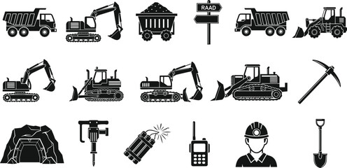 mining and heavy construction machinery vector icon set featuring excavators dump trucks bulldozers miners and quarry tools © Lipi
