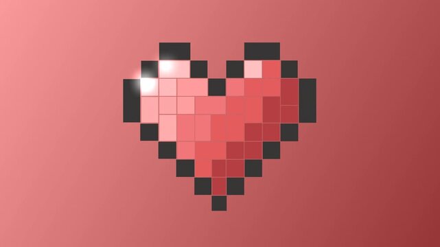 Abstract 4K 60fps retro pixel art heart loop background, 8-bit gaming red love icon motion graphics with shiny light and soft gradient backdrop.