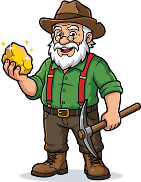 Gold prospector cartoon character. Elderly miner with pickaxe. Old man holding glowing gold nugget. Vector mascot illustration. Mining gold rush theme. Prospector with white beard and brown hat. Carto