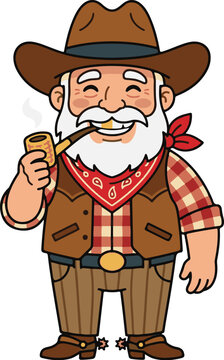 Old cowboy mascot head vector, cartoon prospector character, hillbilly with pipe bandana beard, smiling senior western man icon, gold tooth character design, isolated flat illustration, retro wild wes
