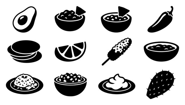 Mexican Ingredients and Side Dish Silhouette Icons Set