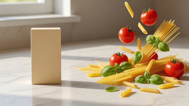 Fresh ingredients and pasta box on a kitchen countertop