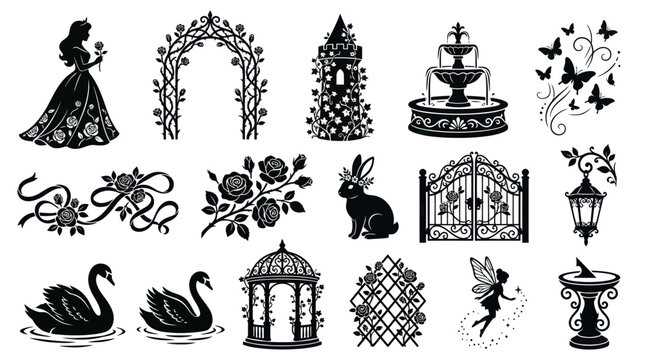 Fairy Tale Garden Black Silhouette Vector Icons: Princess, Castle, Flowers, Fountain, Gate, Swan, Rabbit