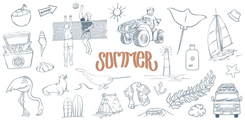 Hand-drawn summer icon element collection with a camper van, sailboat, and tropical vibe. Great for crafting unique t-shirt designs, creative travel blogs, and engaging social media advertisements. © lineandcircle