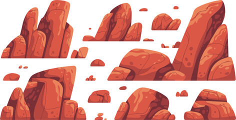 Cartoon Red Rock Formation Collection Illustration with Desert Stone Cliffs and Nature Terrain Elements for Adventure Game Design Projects © Mistha