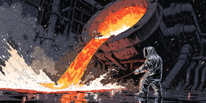 Stylized illustration of a foundry worker in heat protective gear pouring glowing molten orange metal