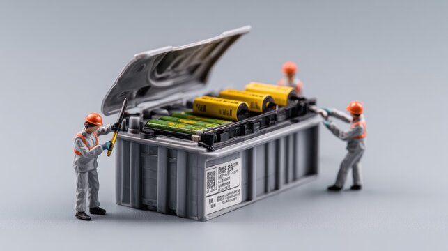 A conceptual macro diorama shows miniature technicians opening and working inside an oversized battery compartment, turning a common power source into a scene of inspection and repair.