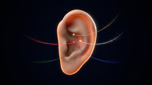 3D conceptual render of ear with coloured energy threads from organ acupoints