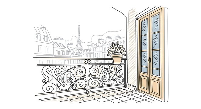 Romantic line art illustration of a Parisian balcony overlooking the Eiffel Tower in Paris