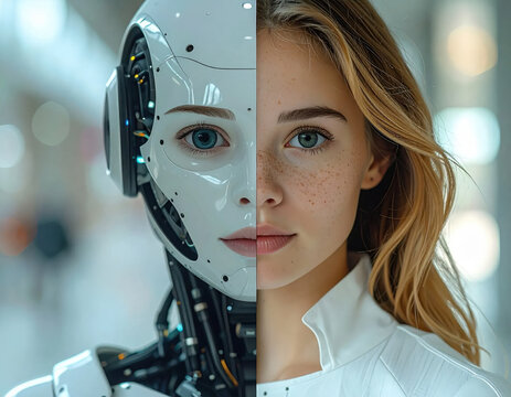 Artificial intelligence portrait, robot human face, half face, female face, futuristic design