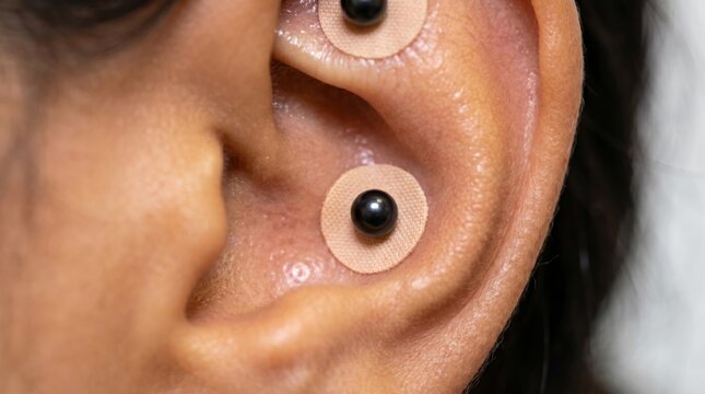 Close-up of concha bowl with multiple acupuncture needles in auricular zones