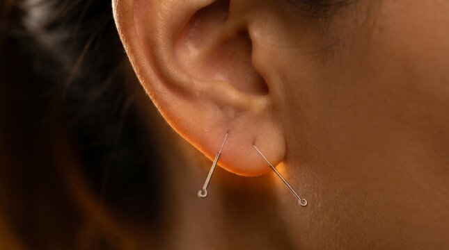 Macro close-up of earlobe with reflexology acupoint markers and skin detail