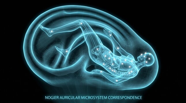 Striking conceptual render of ear with meridian energy lines and glowing acupoints