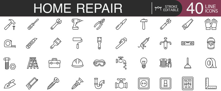 Home repair and maintenance line icon set. Vector collection of hand tools, hardware, plumbing, and electrical equipment for construction and DIY projects.