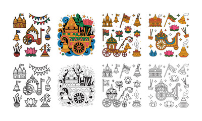 Fototapeta premium india rath yatra temple chariot doodle sticker icon set colorful vector 