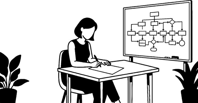 Professional woman mapping out complex flowchart at office desk