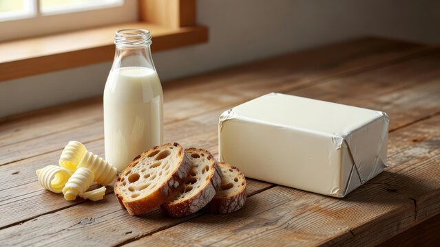 Classic breakfast setup with milk and banana bread on a wooden table
